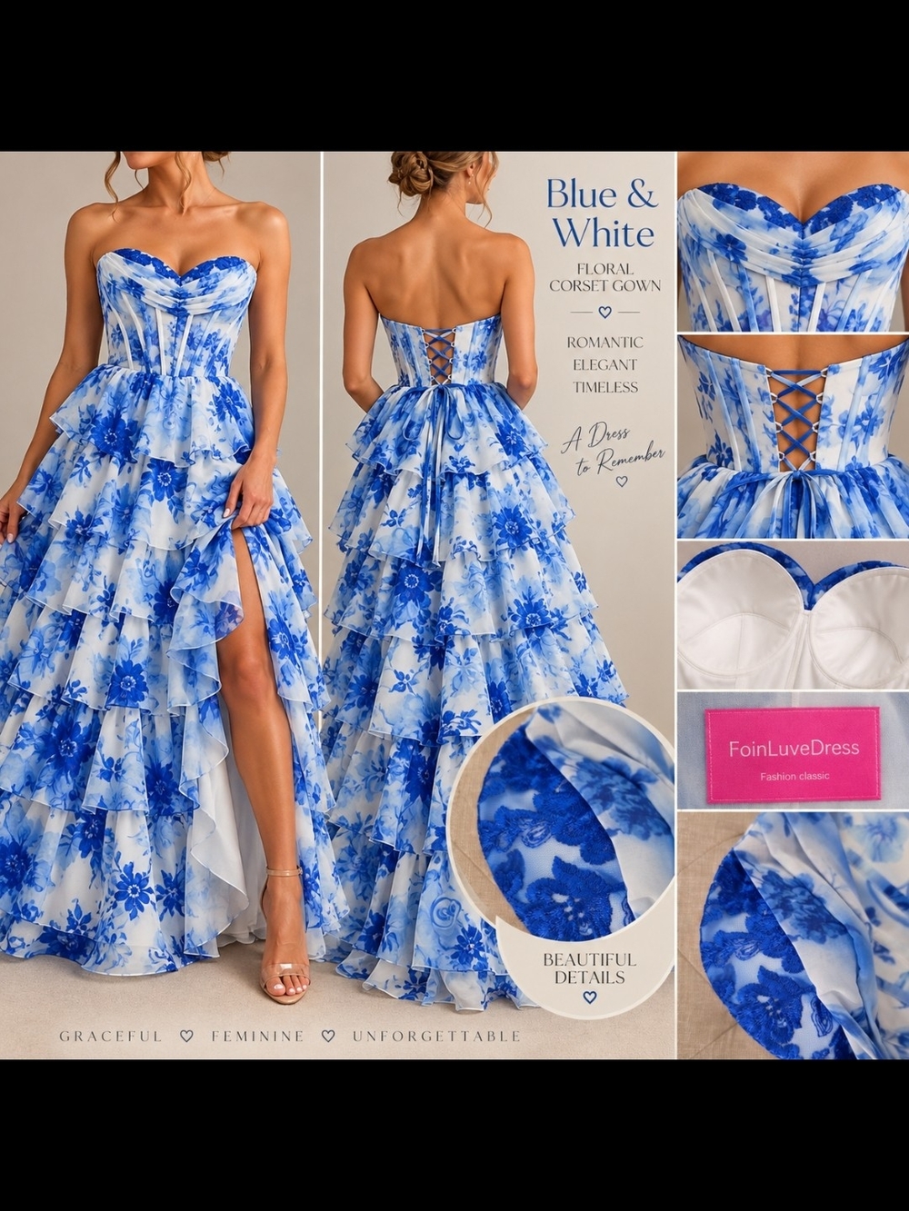 NWT Blue White Floral Corset Ruffle Prom Maxi Dress L 14 Homecoming Viral Prom